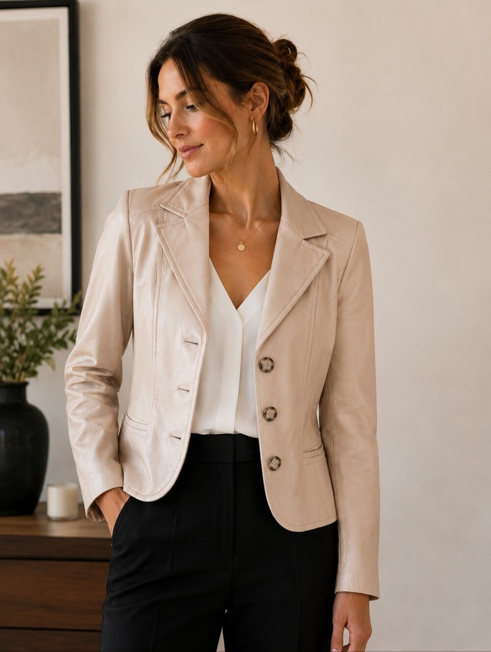 Vintage!! Danier | Tailored Cream Leather Blazer Jacket, Size L